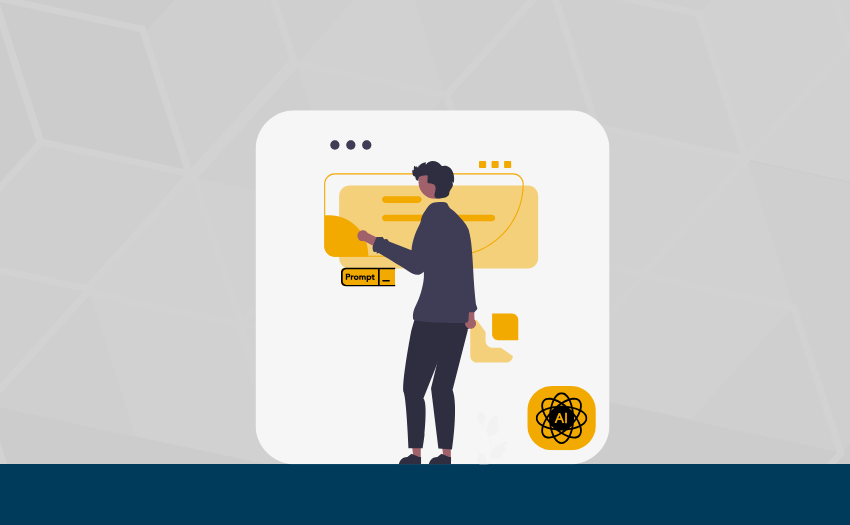 Illustration of a professional interacting with AI technology and prompt tools, representing the growing need for AI literacy in HR.