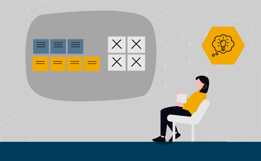 Illustration of a project manager evaluating task progress on a board, symbolizing the importance of critical thinking in project decision-making.