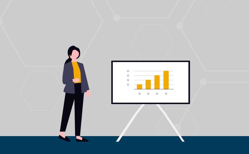 An HR leader presents rising data trends on a digital chart, emphasizing data-driven decision-making skills for the modern workforce.