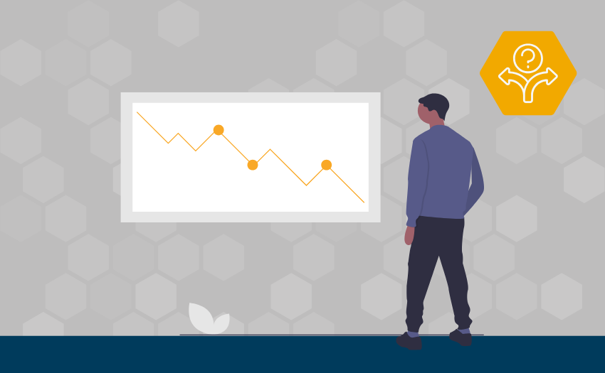 cartoon of a person standing next to a graph that is in decline