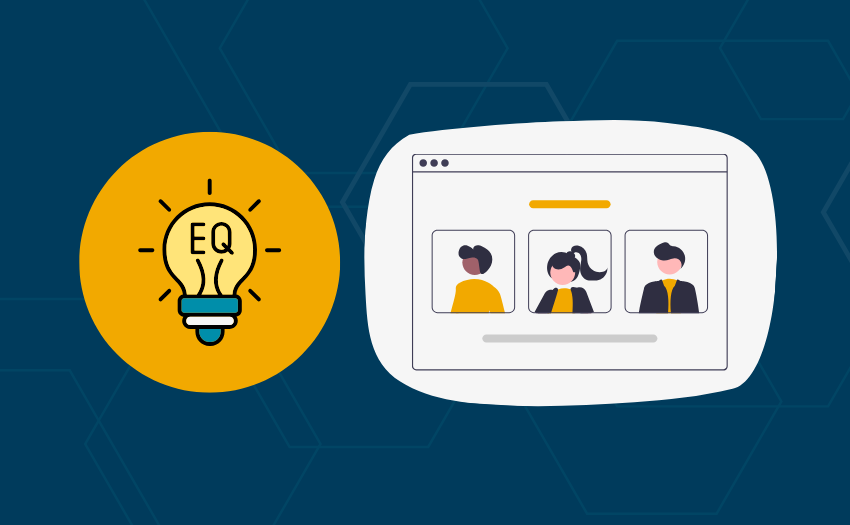 Visual representation of emotional intelligence in leadership, featuring a glowing lightbulb labeled "EQ" and team members collaborating virtually.