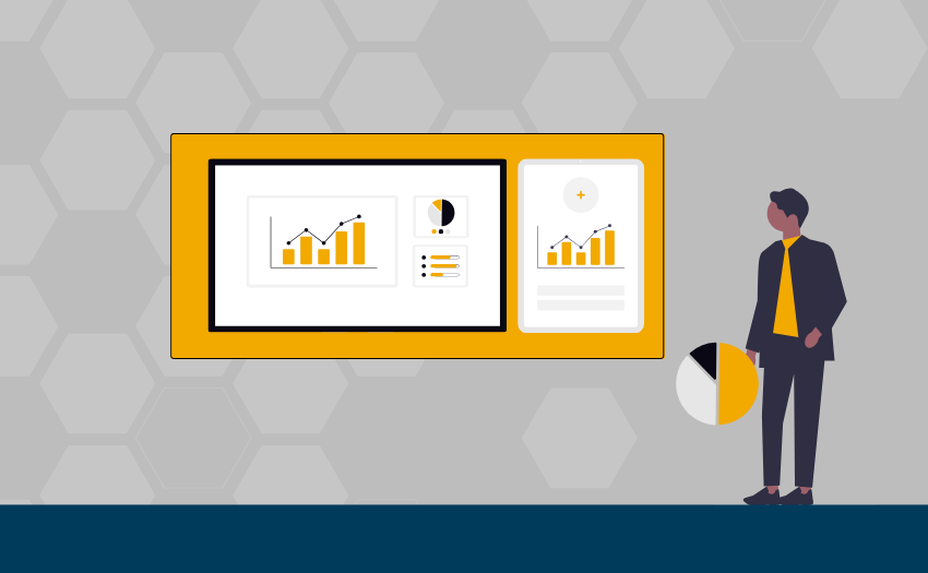 A person reviews interactive dashboards showcasing metrics for L&D strategy tracking.