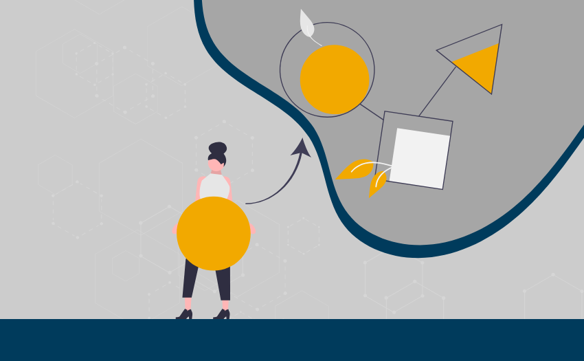 An abstract depiction of a professional managing interconnected shapes, symbolizing strategic thinking in organizational design and systems thinking.