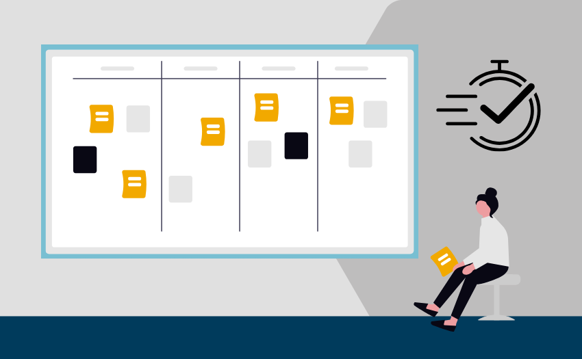 Illustration of a project board with color-coded tasks and a timer icon, emphasizing effective time management in agile workflows.